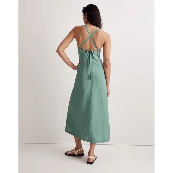 Madewell Tie-Back Midi Cami Dress Light Green Linen Blend - Picture 2 of 16